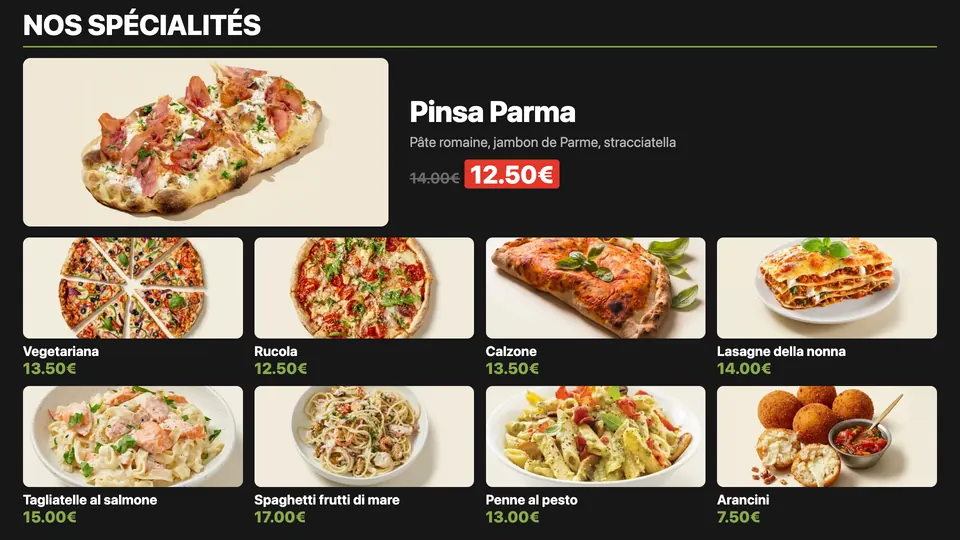 Écran menu Pizzy avec un produit mis en avant : une pinsa en promo en grand, les autres spécialités en photos