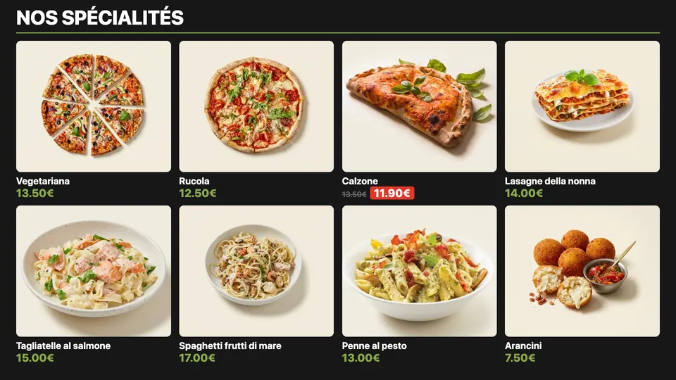 Écran menu Pizzy en grille de photos : pizzas, pâtes et arancini avec leurs prix, dont une calzone en promo