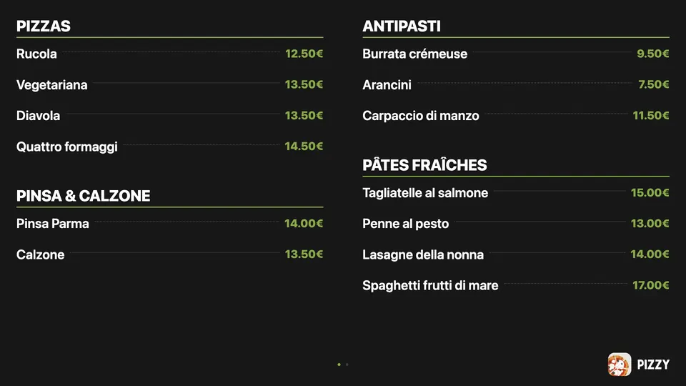 Écran menu Pizzy en liste de prix sur deux colonnes : pizzas, antipasti et pâtes, avec le logo Pizzy