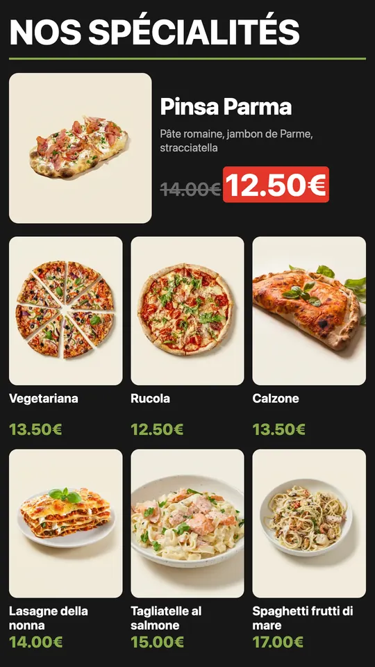 Écran menu Pizzy à la verticale : une pinsa mise en avant et les autres spécialités en photos